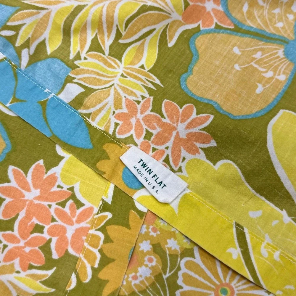 Vintage Peouot Groovy 70s Floral Print Twin Flat Sheet Orange Yellow Blue